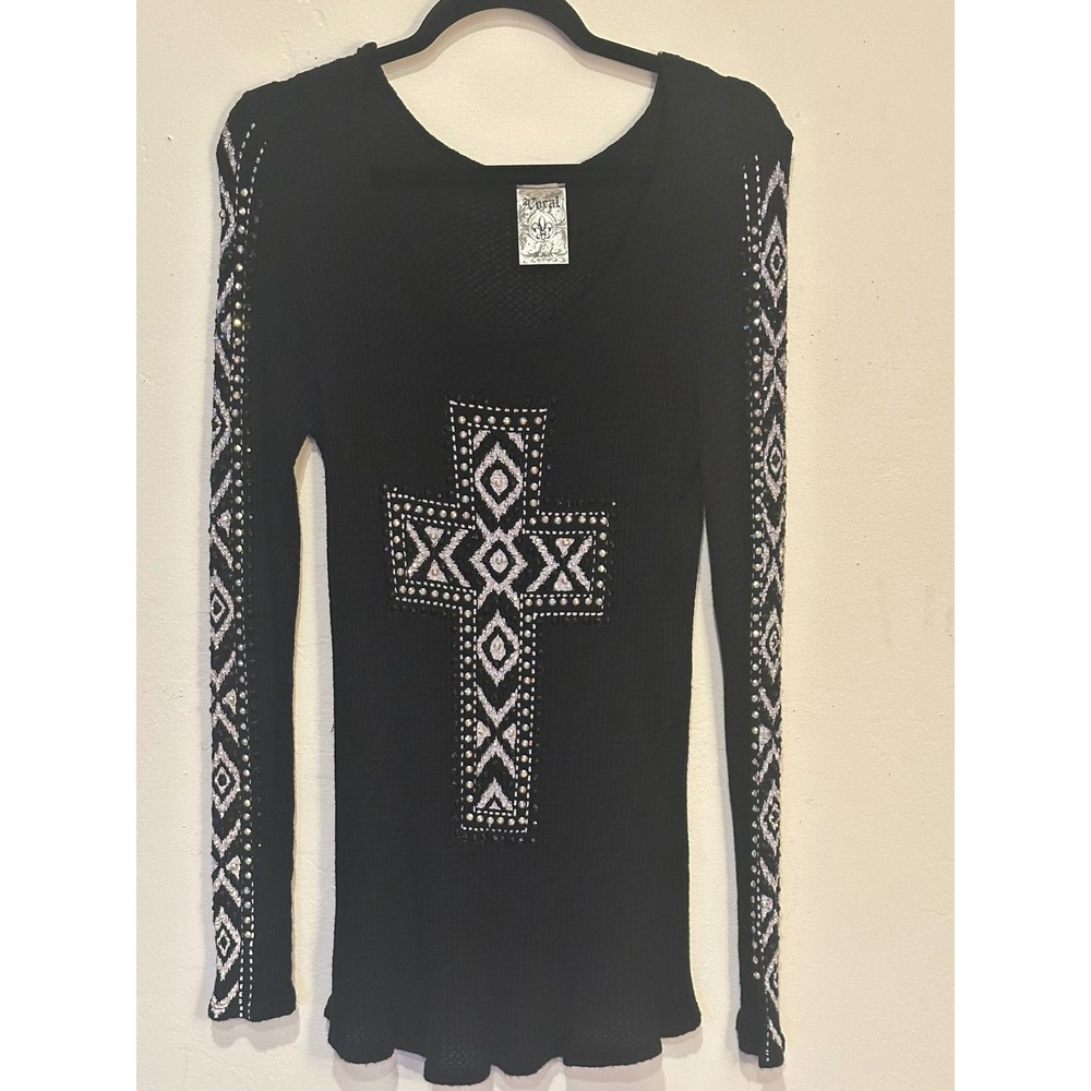 Vocal Black Waffle Knit Rhinestone Cross Long Sleeve Top XL Y2K cowgirl 13242L